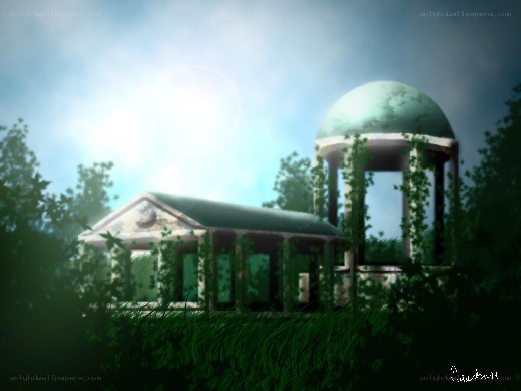 Abandoned temple in overgrown forest