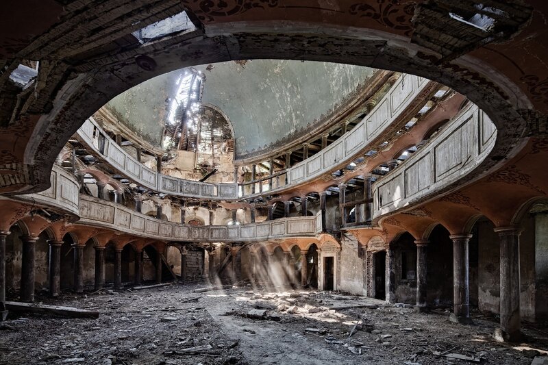 Abandoned Theater Interior — Brown, Dramatic, Photograph, Arches