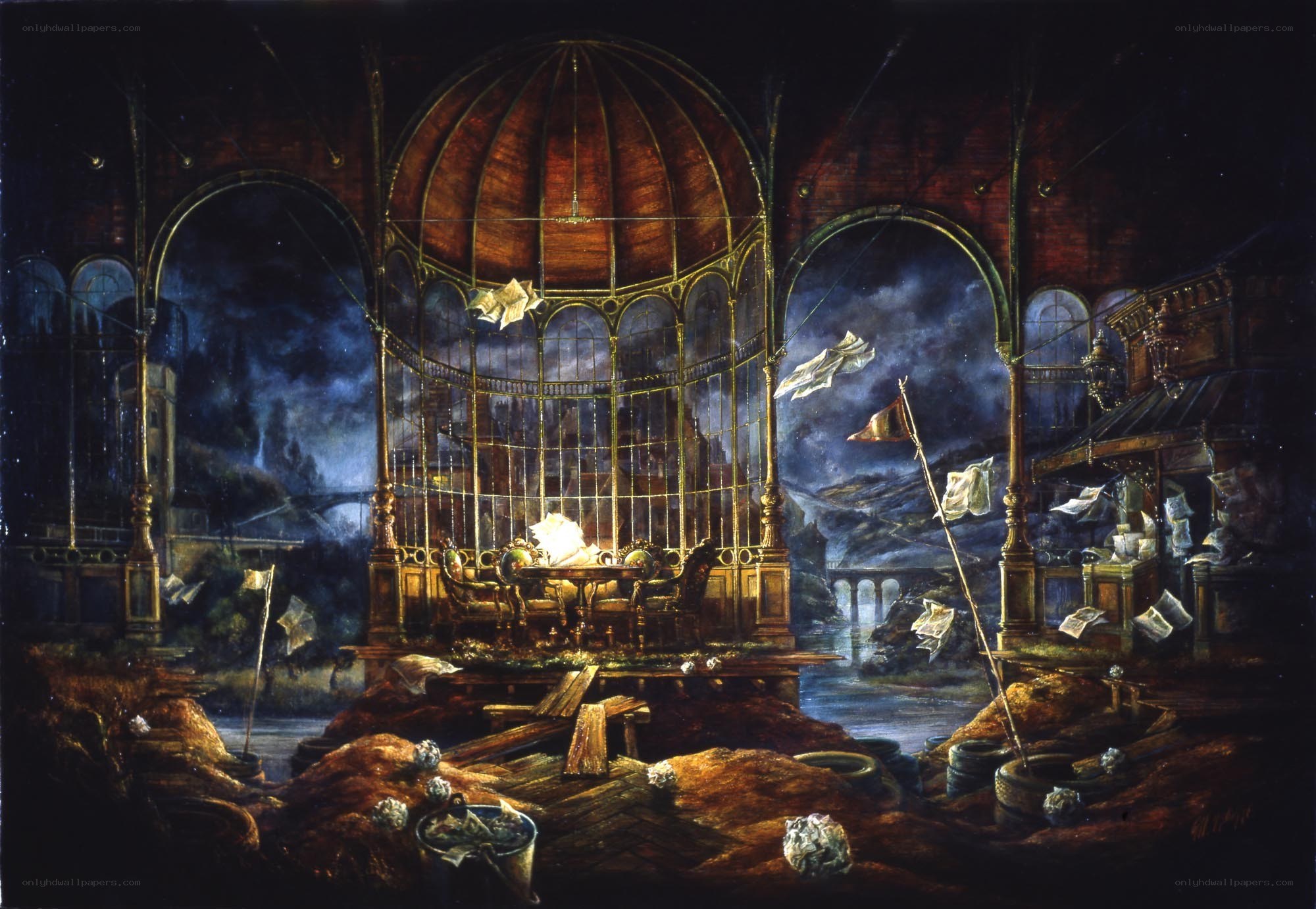 Abandoned theater with birdcage stage