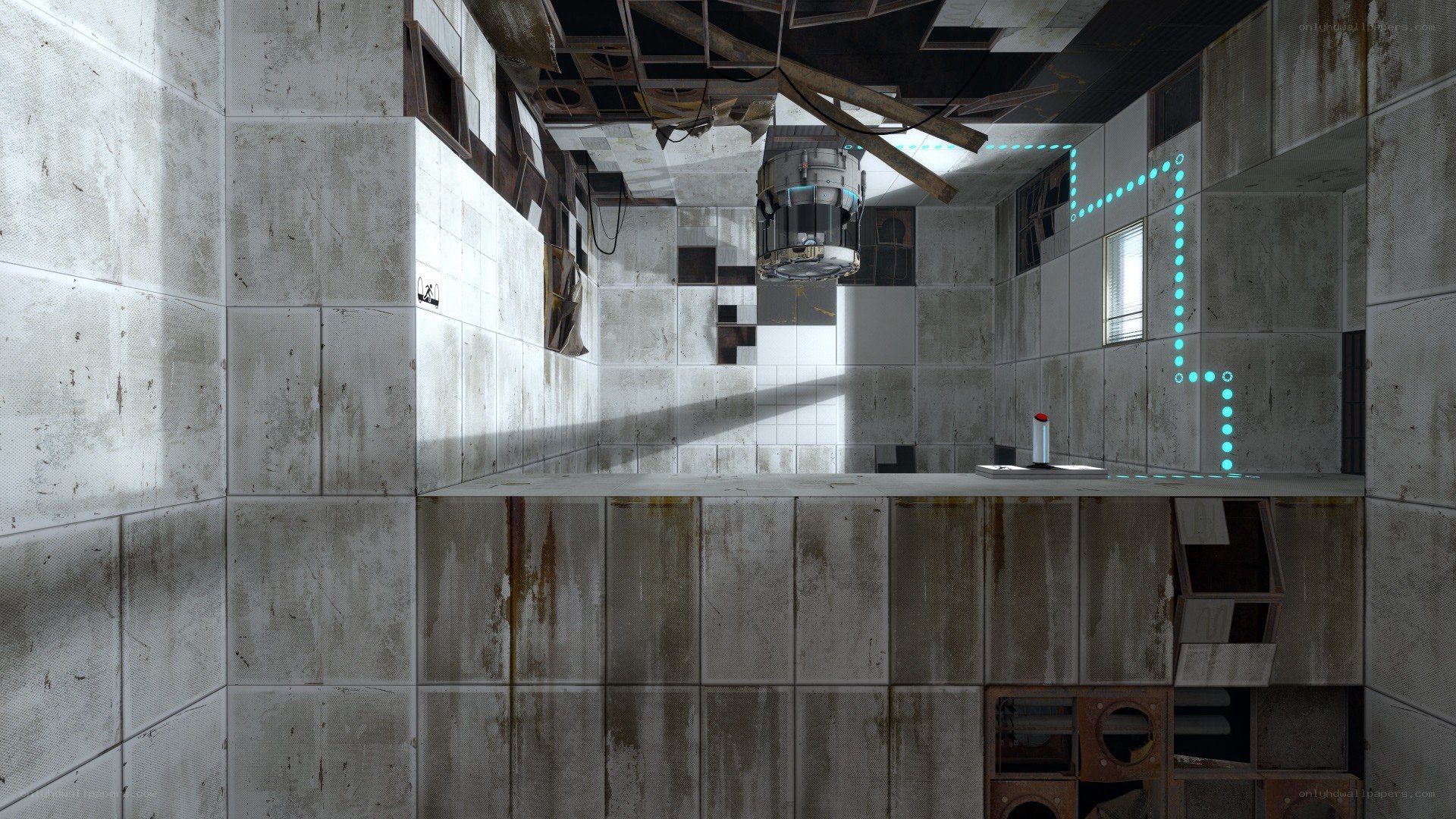 abandoned tiled room with hologram