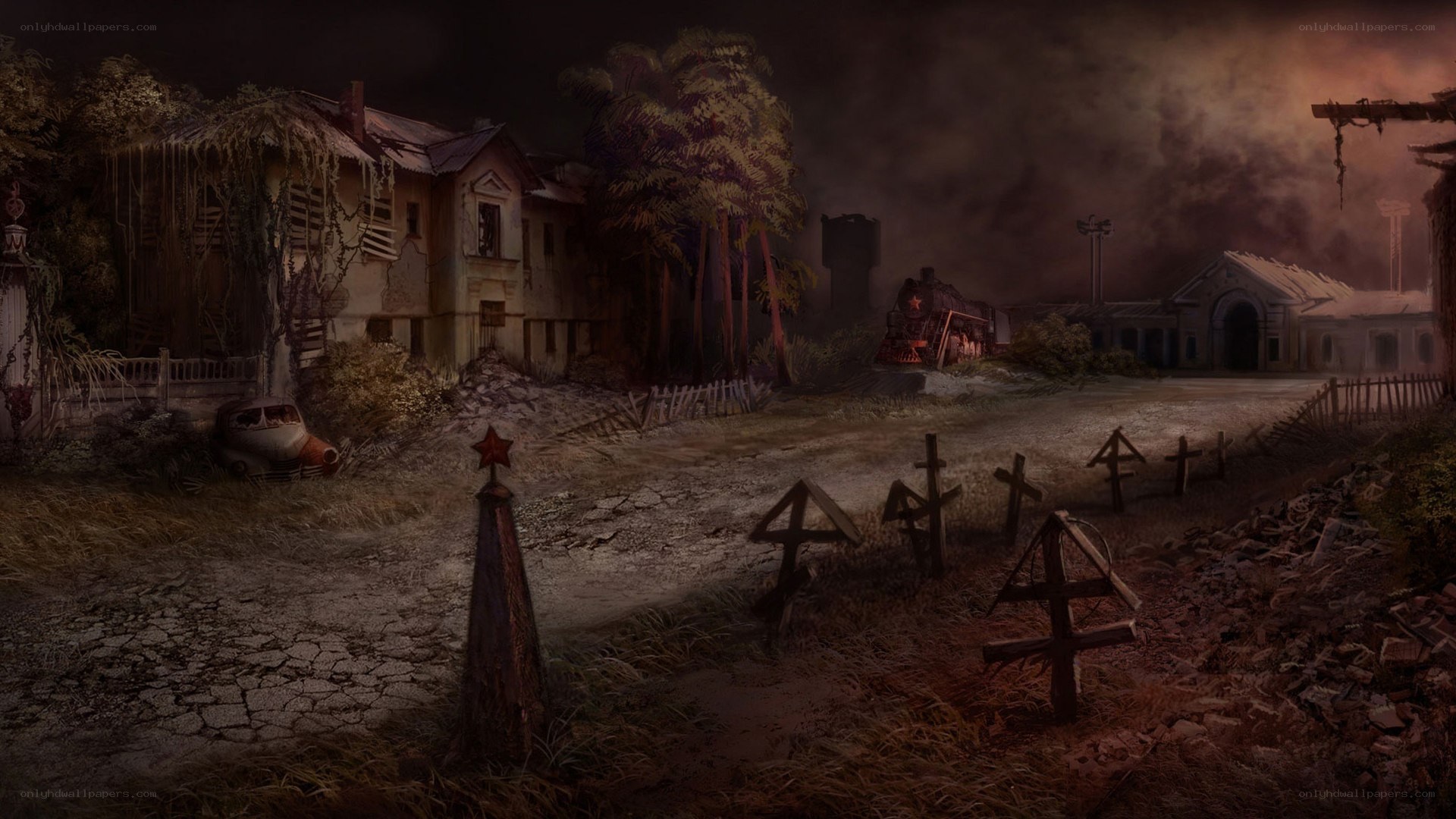 abandoned town at dusk