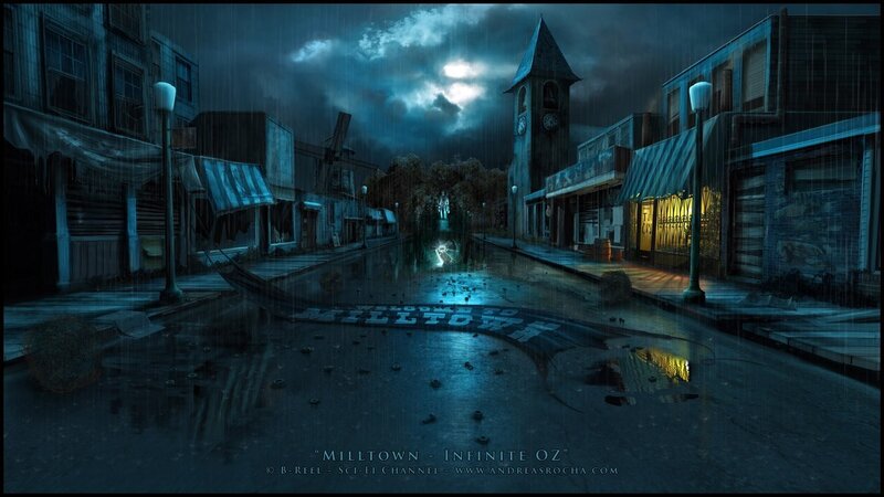 Abandoned Town Street — Blue, Dark, Night, Digital Art, Rain, Clock Tower