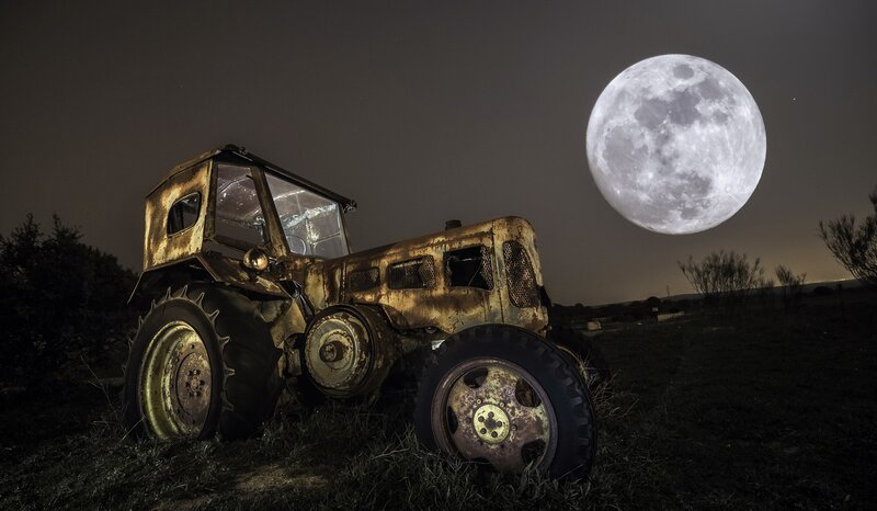 Abandoned Tractor at Night