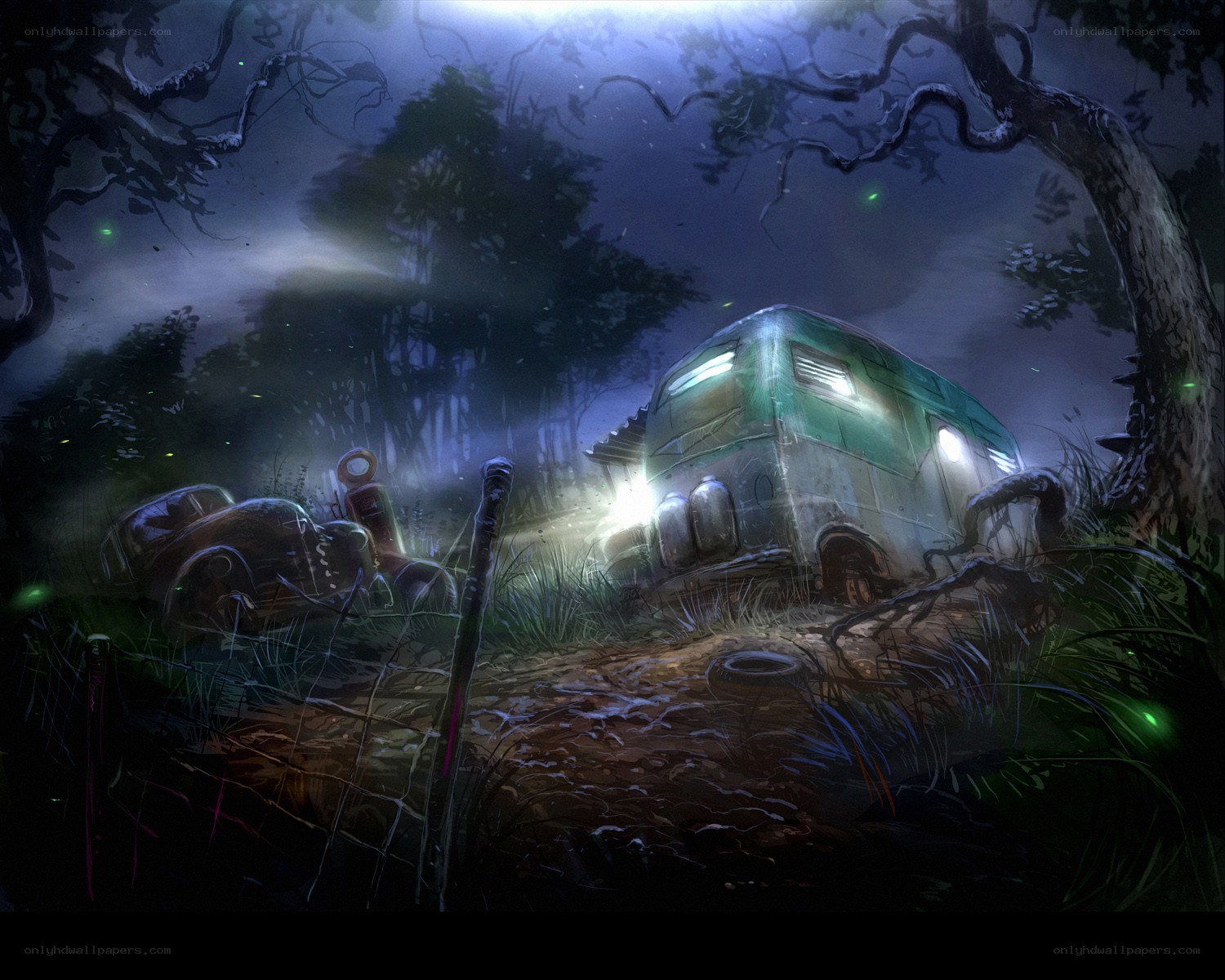 abandoned trailer in dark forest