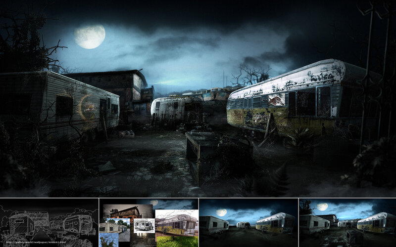 abandoned trailers at night
