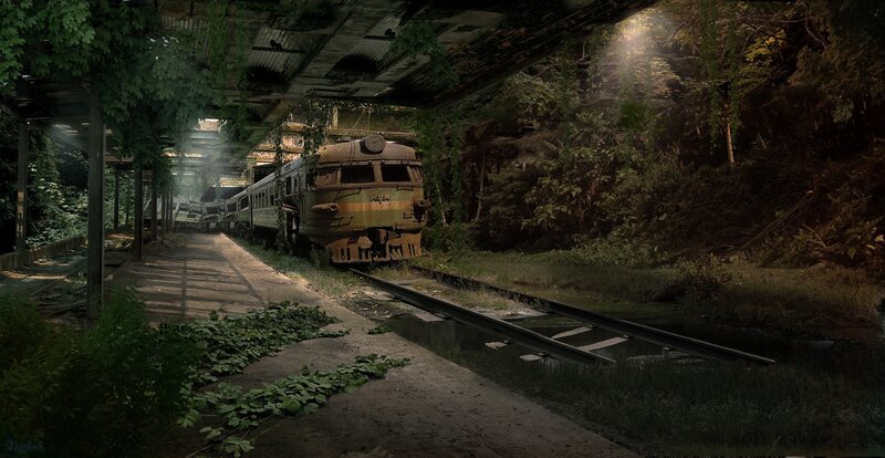 Abandoned Train at Station — Green