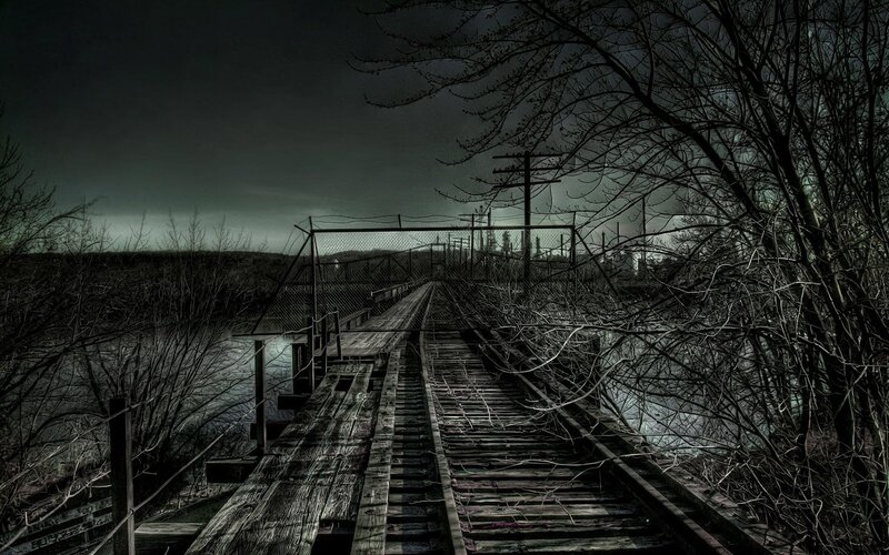 Abandoned Train Bridge — Black, Dramatic, Night, Photograph, Railroad Tracks, Wooden Planks