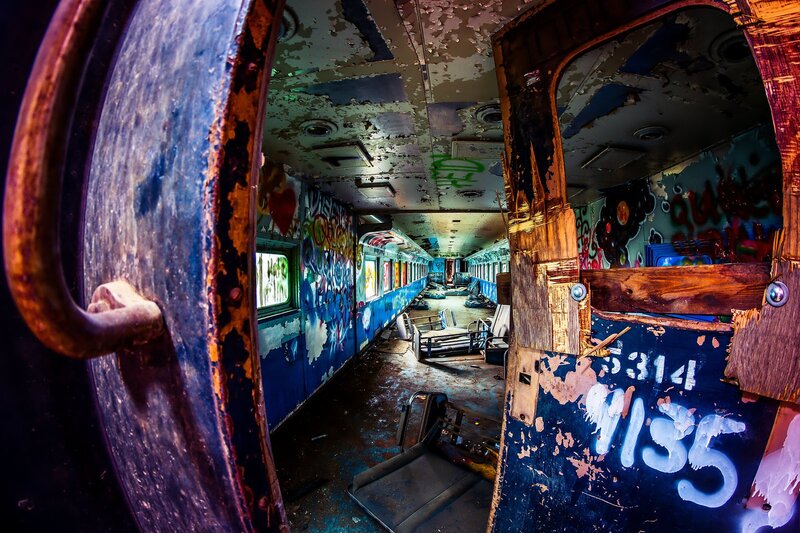 Abandoned Train Car — Blue, Dramatic