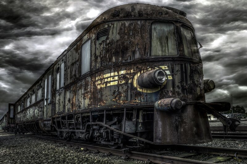 Abandoned Train Car — Gray, Dramatic, Photograph