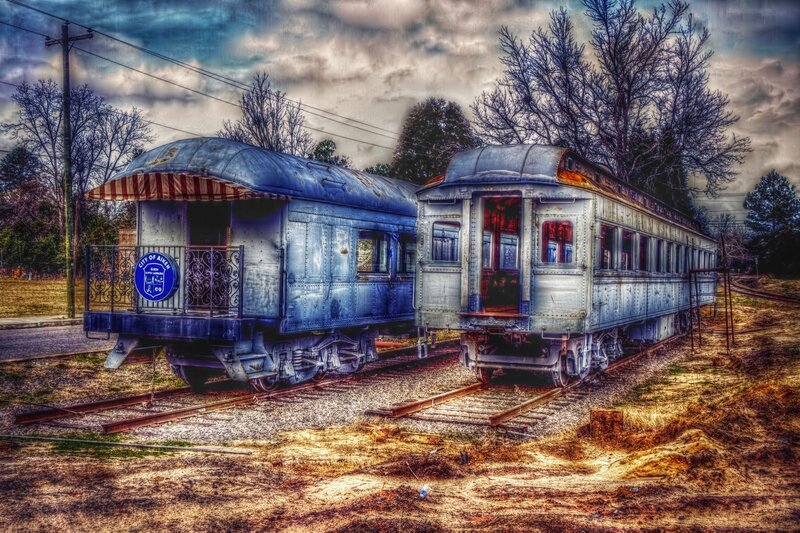 Abandoned Train Cars — Blue, Dramatic