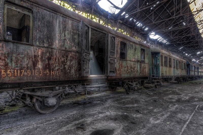 Abandoned Train Cars — Brown, Desolate, Photograph