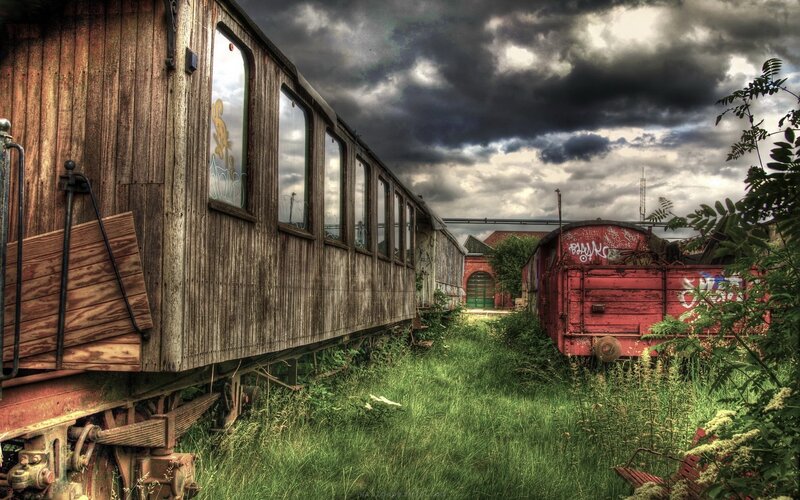 Abandoned Train Cars — Green, Dramatic, Photograph