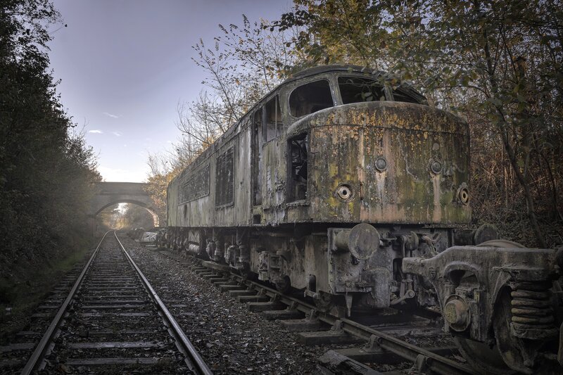 Abandoned Train Engine — Green, Dramatic, Autumn