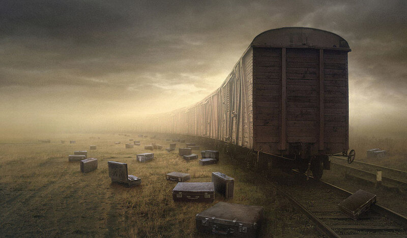 Abandoned train in a foggy field
