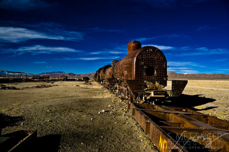 Abandoned Train in Desert — Blue