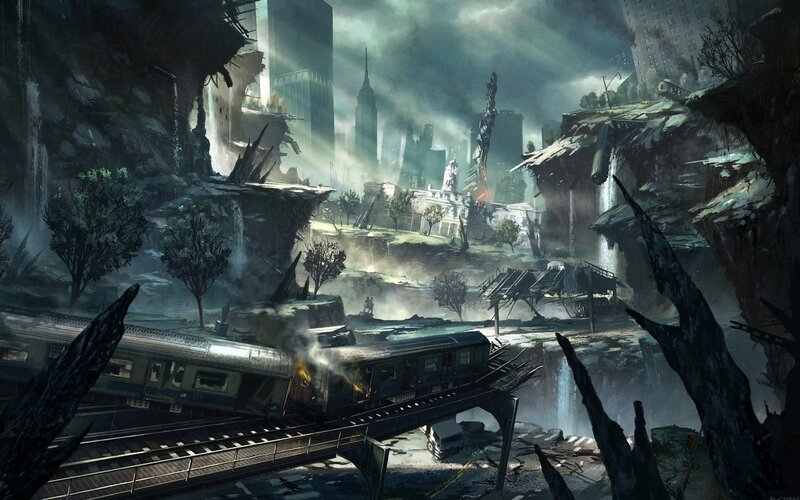 Abandoned Train in Ruins — Gray, Dramatic, Digital Art, Skyscraper, Trees