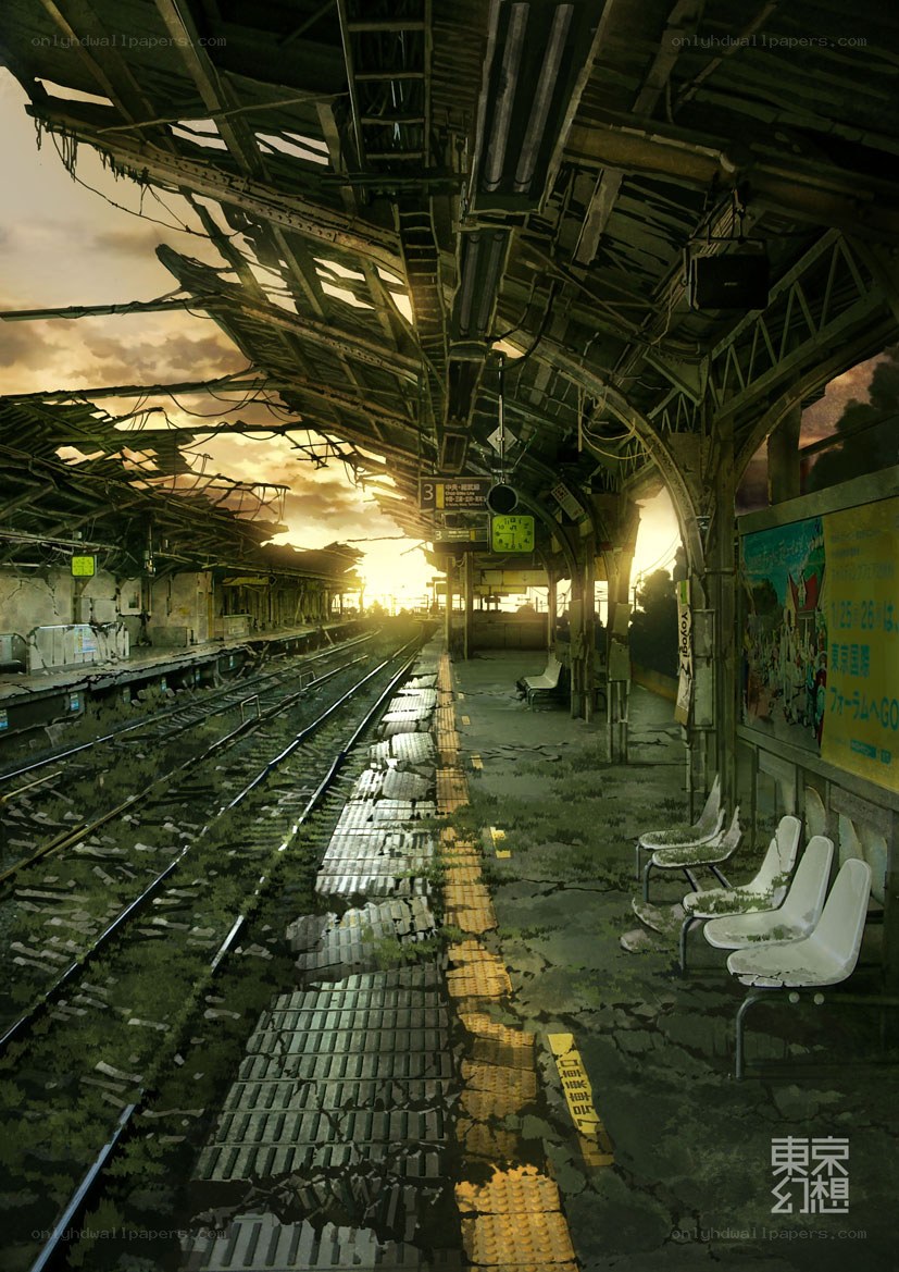 Abandoned train station at sunset