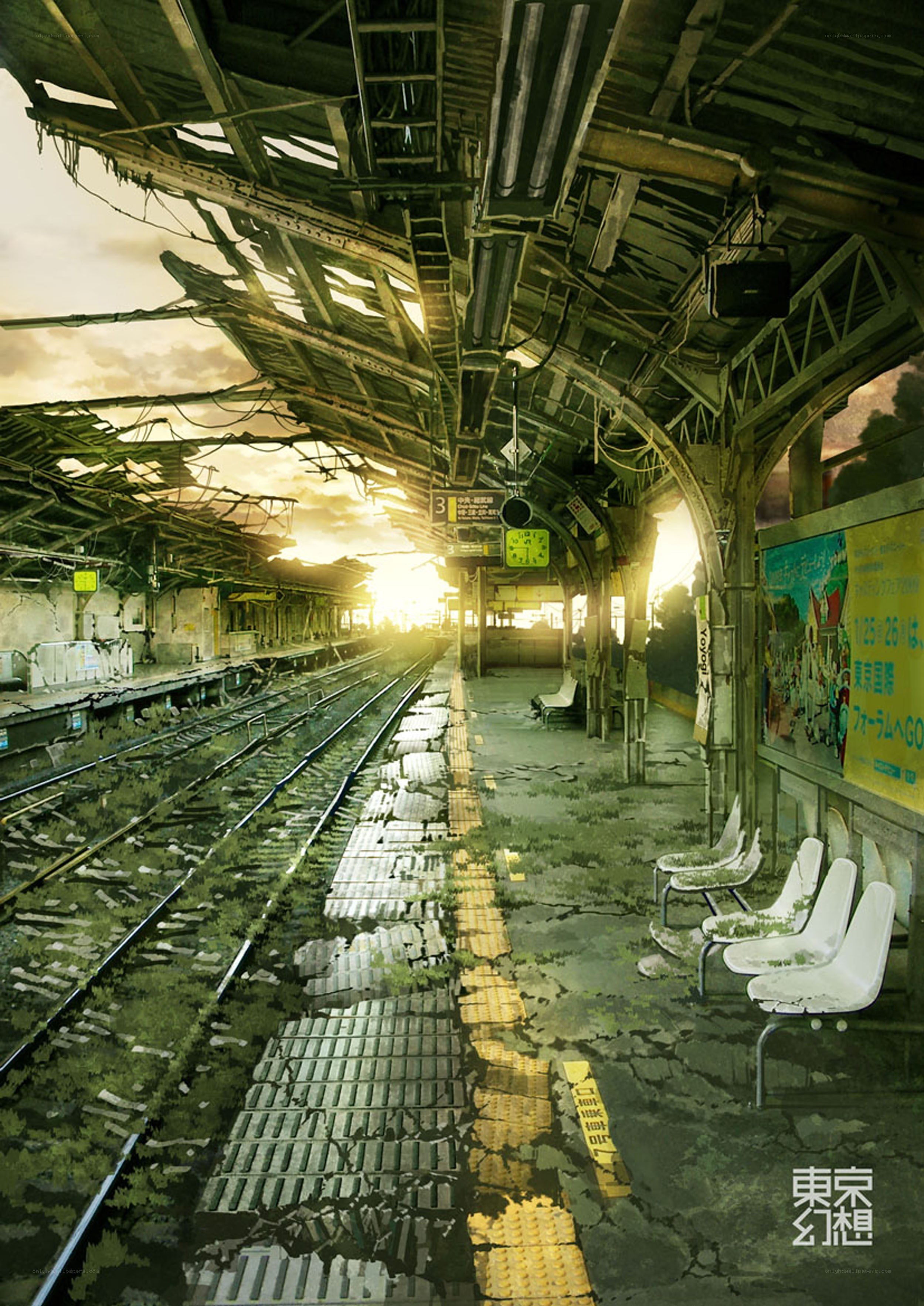Abandoned train station at sunset
