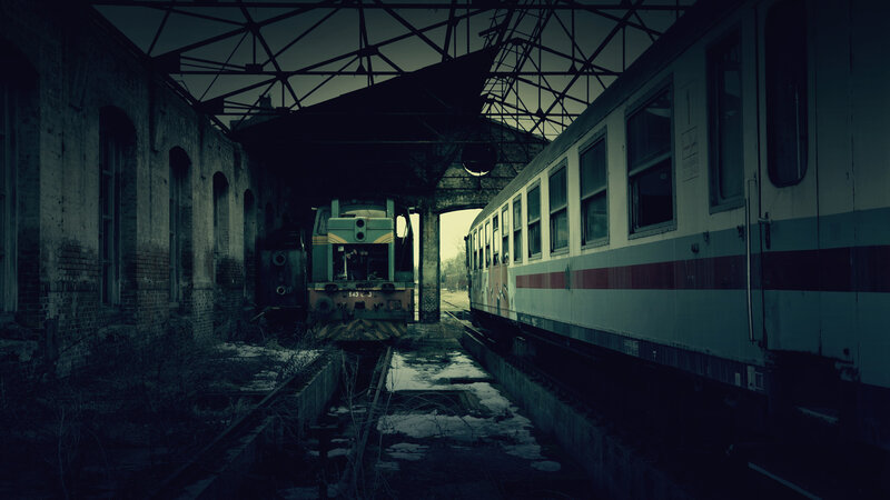 Abandoned Train Station — Gray, Dramatic, Night, Photograph