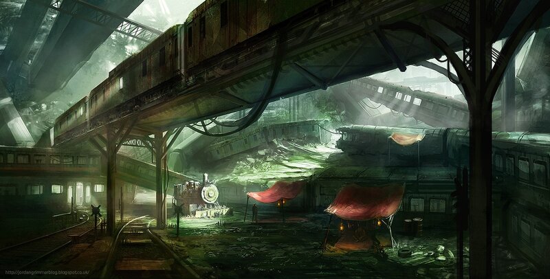 Abandoned Train Station — Green, Dramatic, Digital Art, Trains