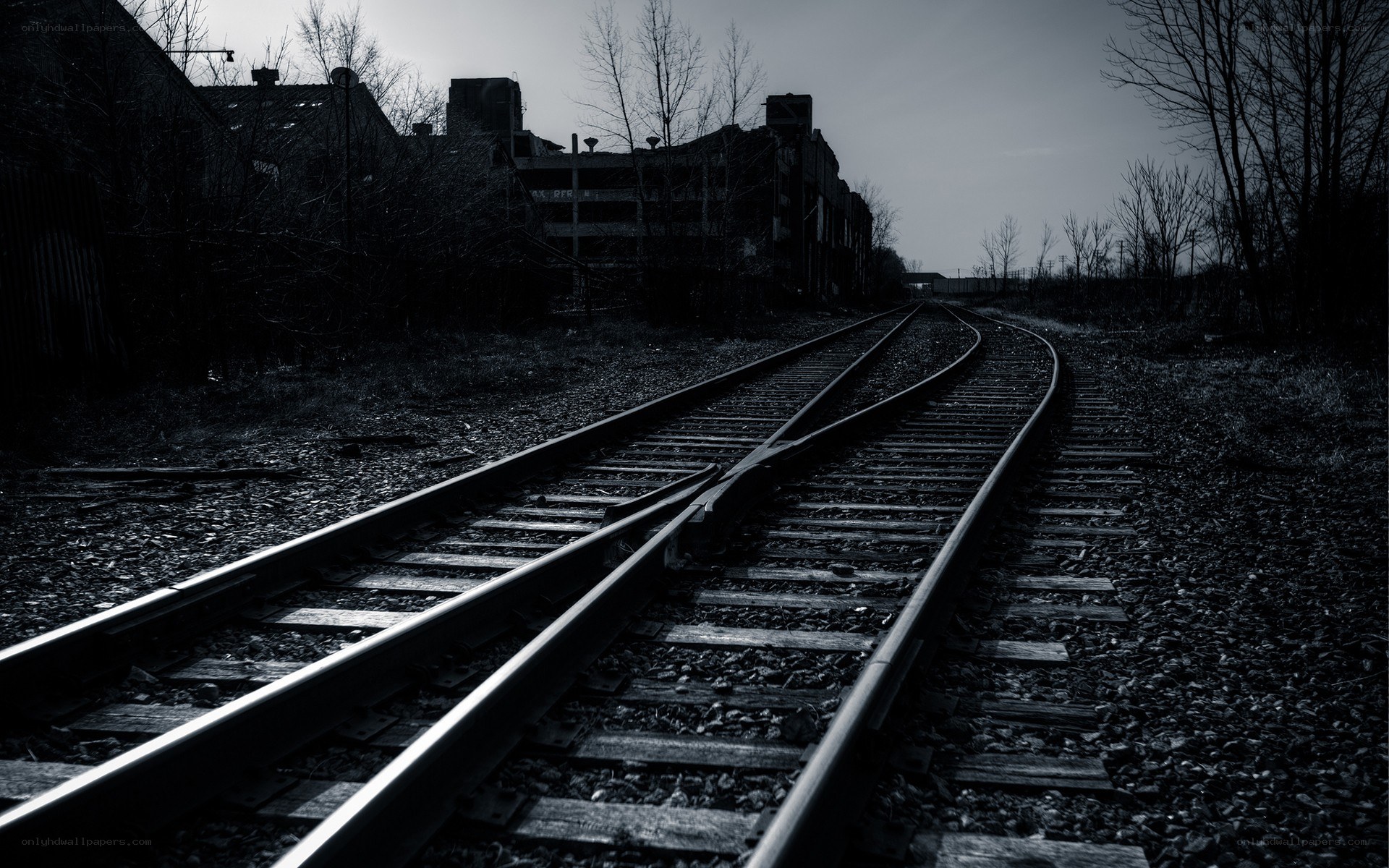 Abandoned train tracks at dusk