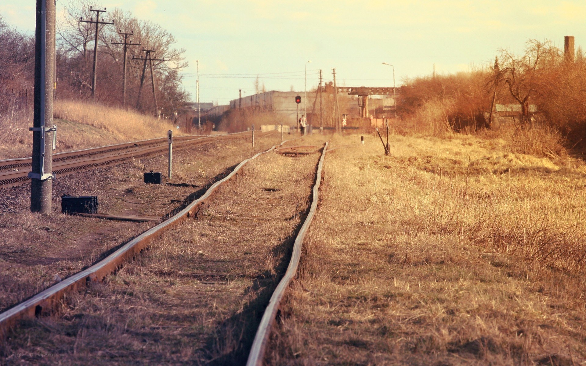 Abandoned train tracks at sunset