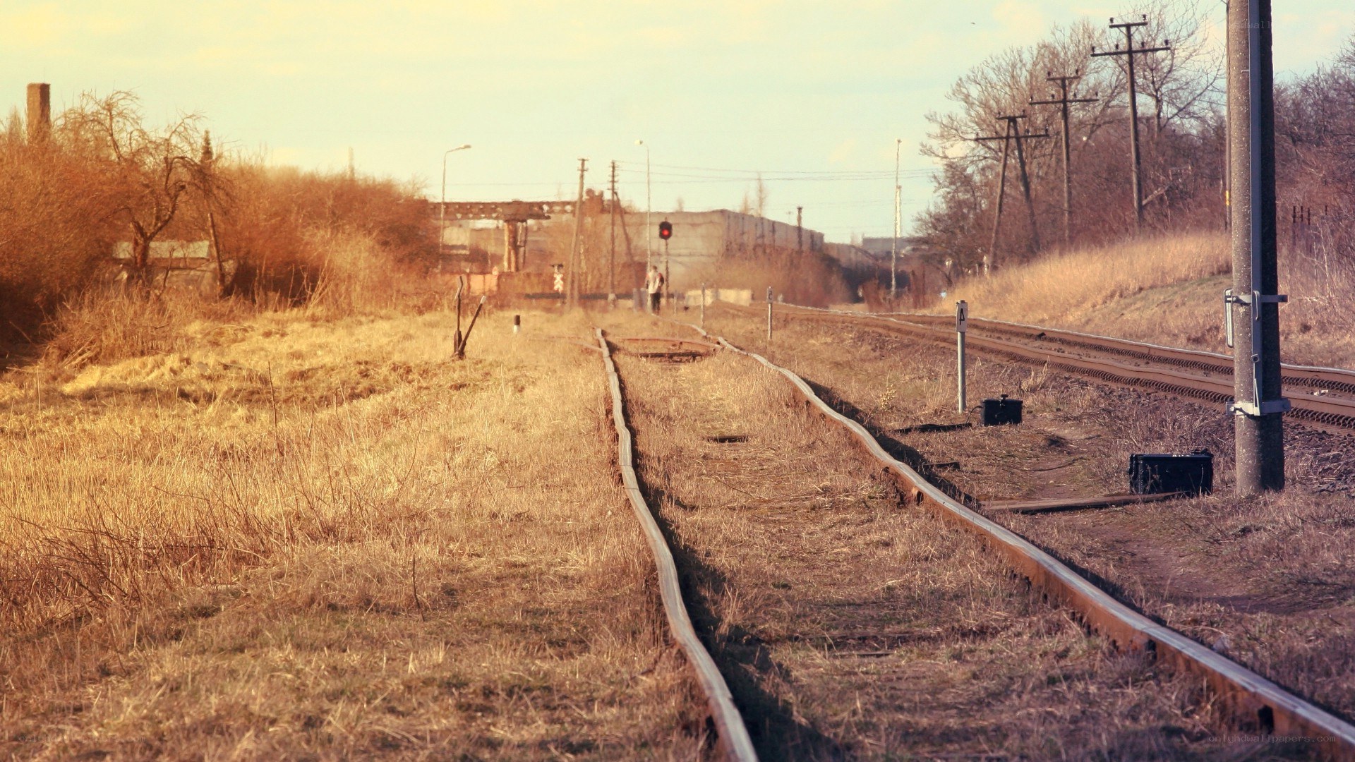 abandoned train tracks at sunset