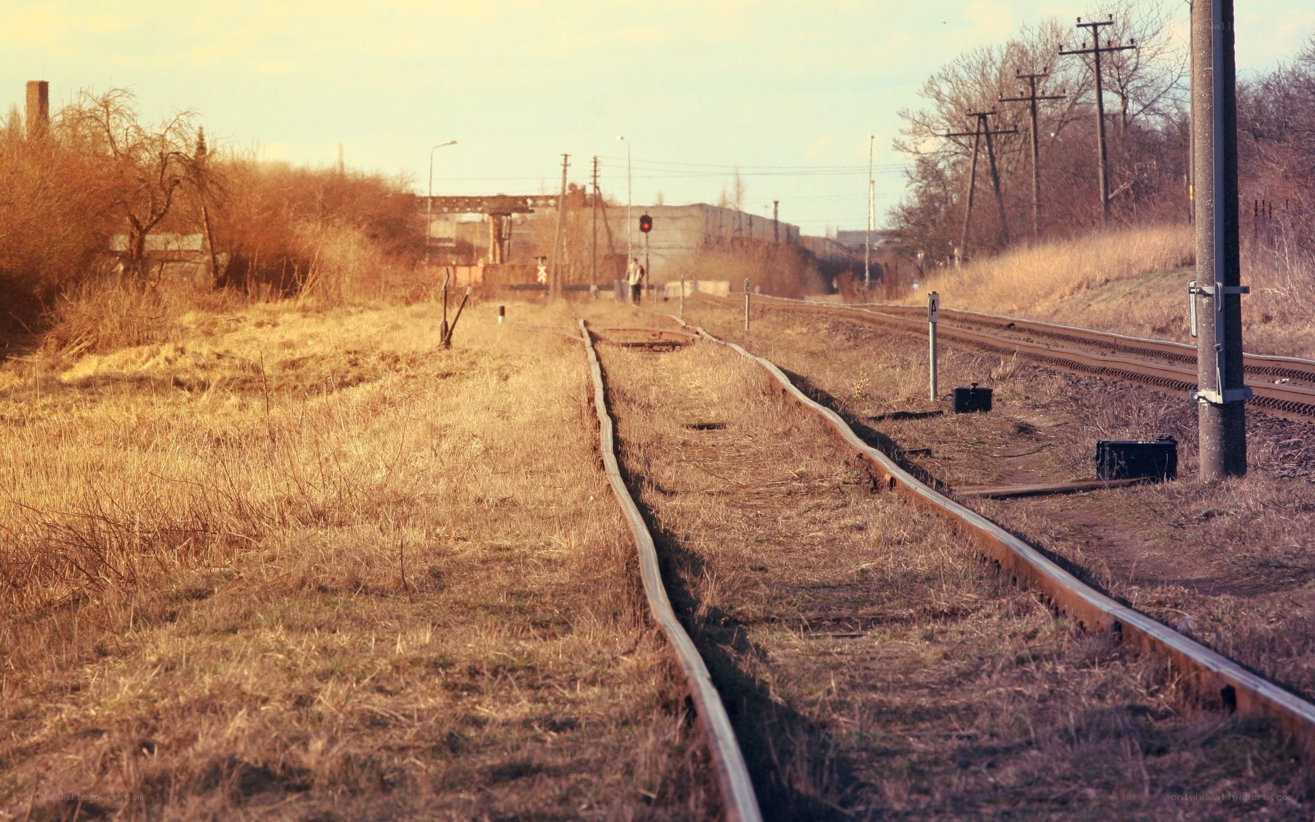 abandoned train tracks at sunset