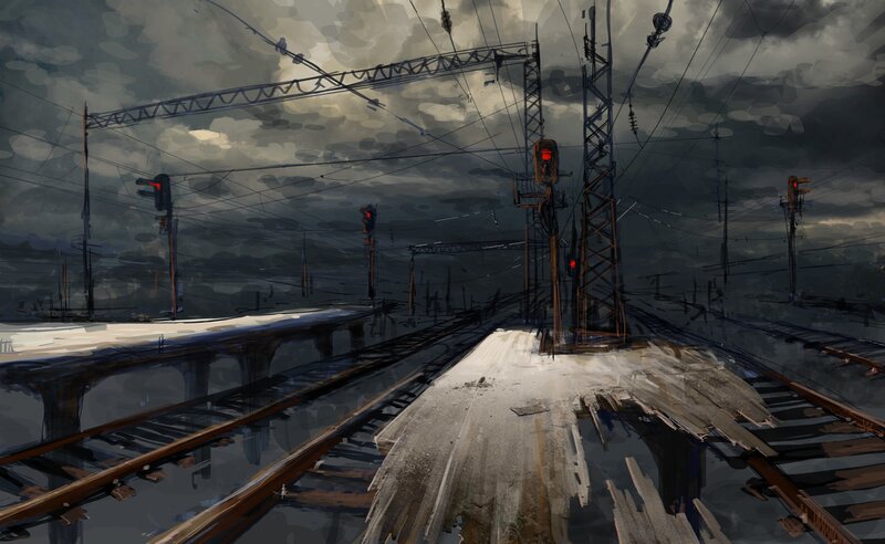 Abandoned Train Tracks — Gray, Dramatic, Night