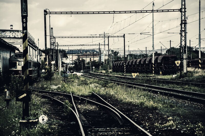 Abandoned Train Yard — Black, Dramatic