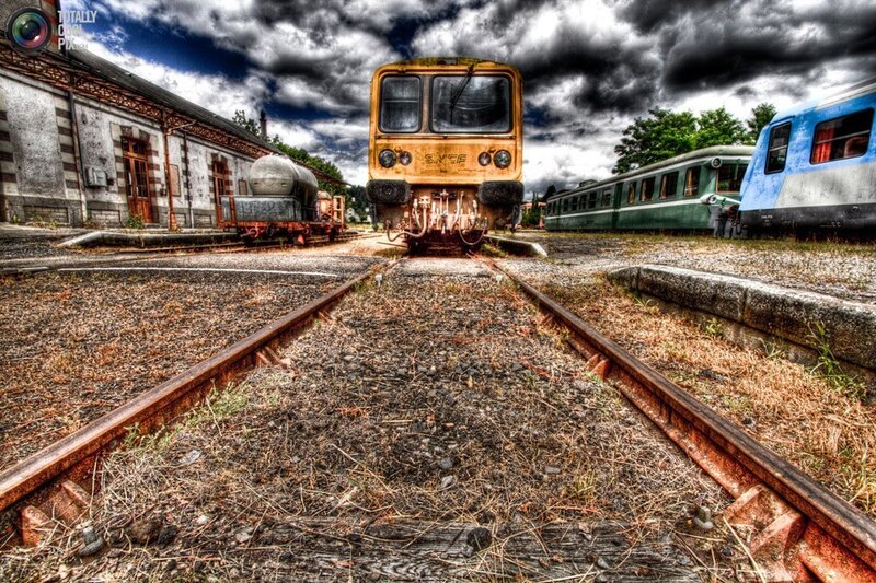 abandoned train yard scene