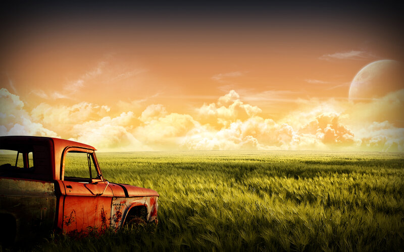 Abandoned Truck in Field — Green, Dramatic, Sunset