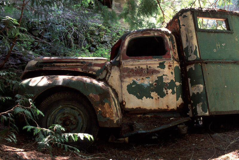 Abandoned truck in forest