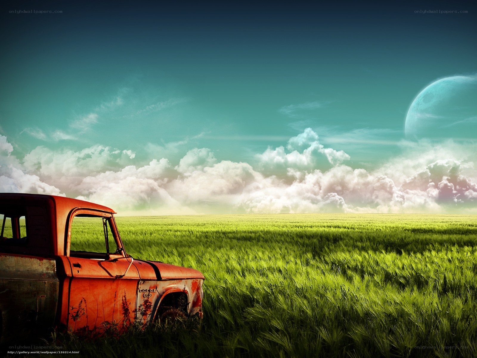 Abandoned truck in green field