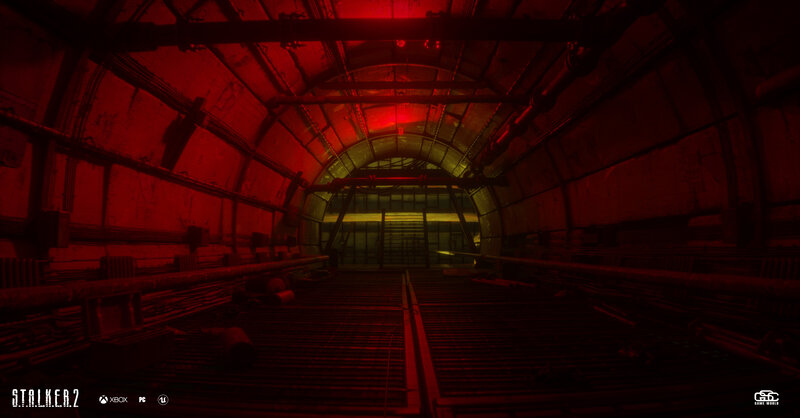 Abandoned Tunnel Interior — Red, Dark, Ominous