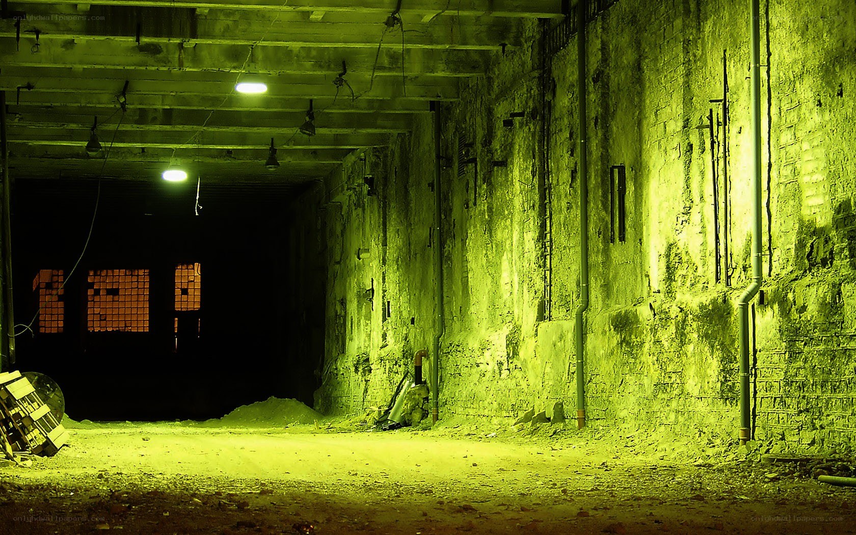 abandoned tunnel with green light