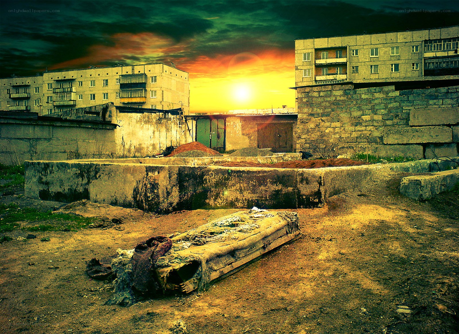 Abandoned urban landscape at sunset