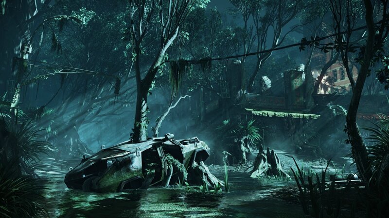 abandoned vehicle in jungle swamp