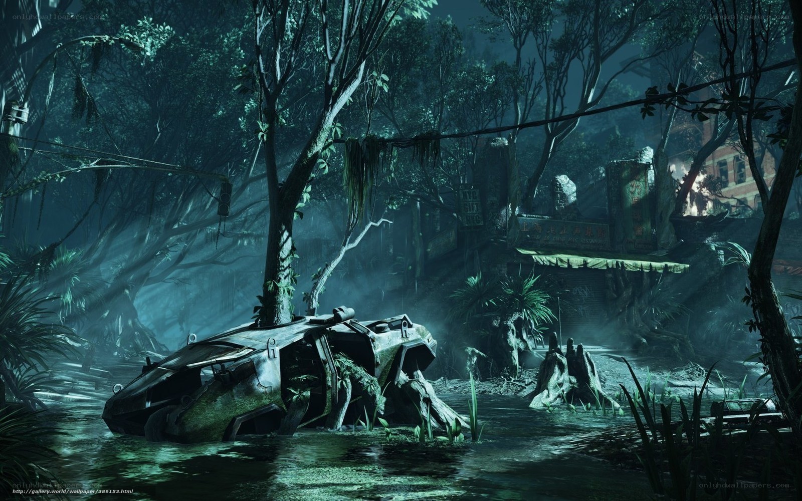 abandoned vehicle in jungle swamp