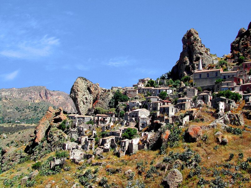 Abandoned village on a rocky hillside