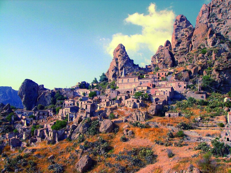 Abandoned village on rocky hillside