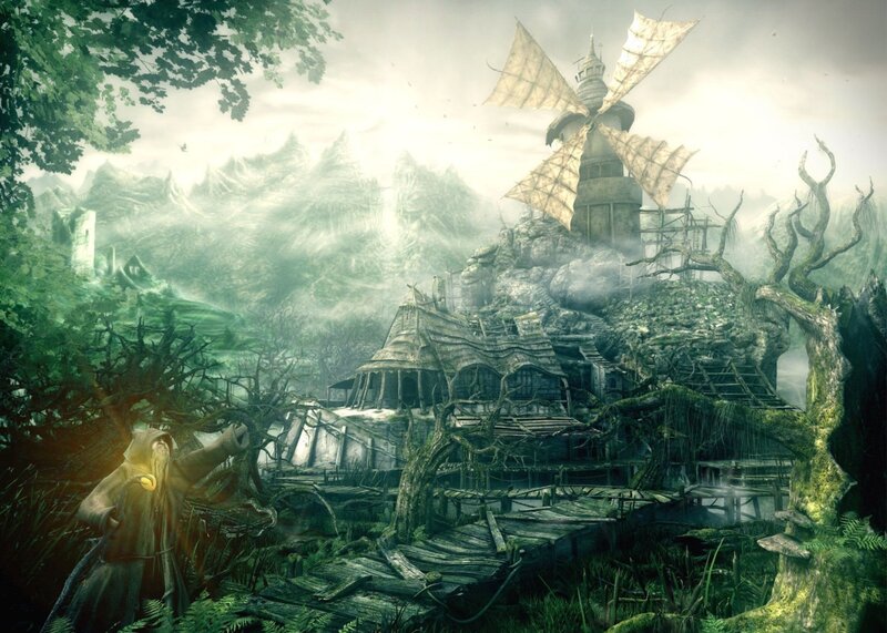 abandoned village with windmill