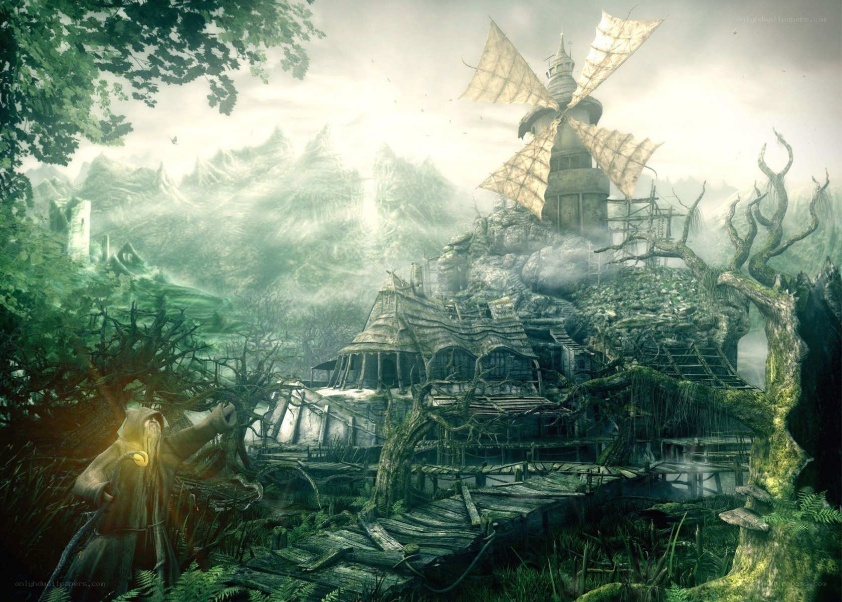 abandoned village with windmill