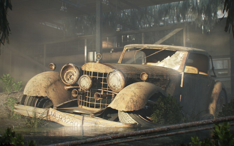 abandoned vintage car in ruin