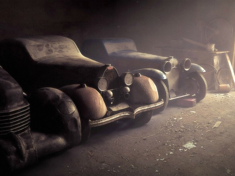 Abandoned Vintage Cars — Brown, Dramatic, 3d Render, Dusty Garage