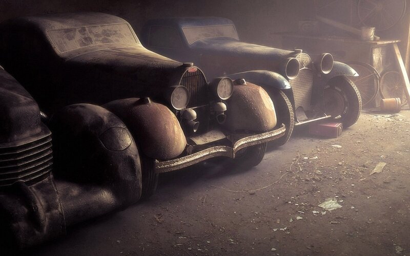 Abandoned Vintage Cars — Brown, Dramatic, Digital Art