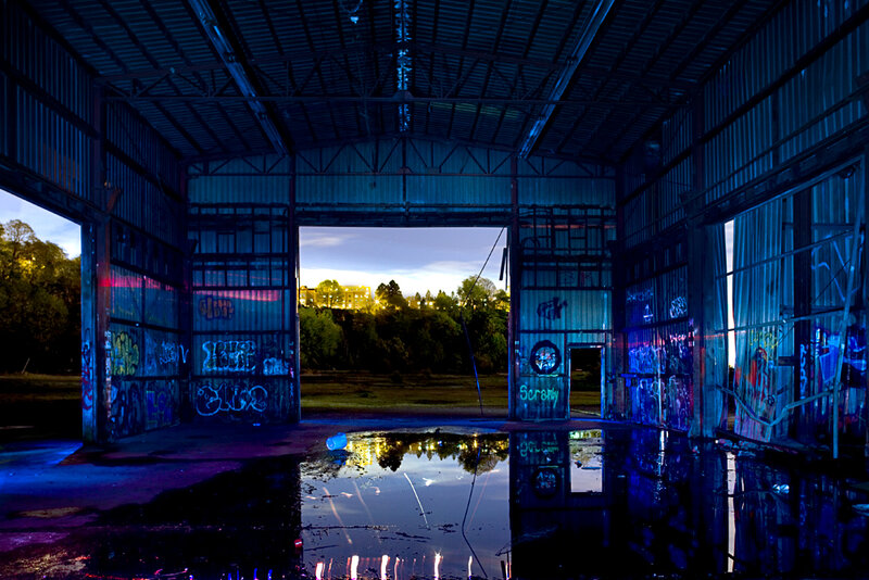 abandoned warehouse at dusk