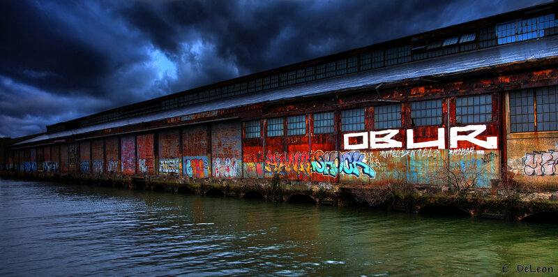 abandoned warehouse by the water