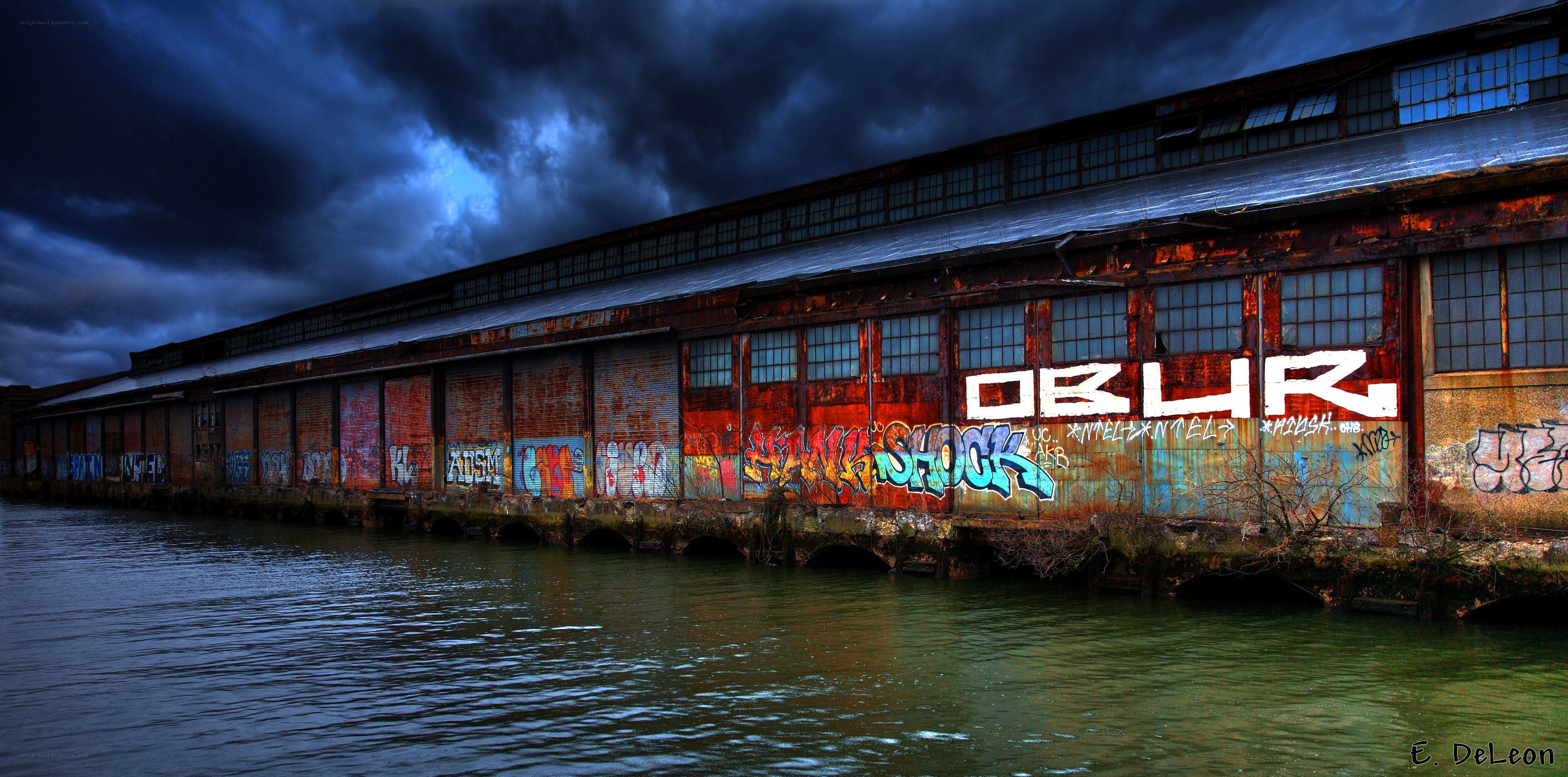 abandoned warehouse by the water
