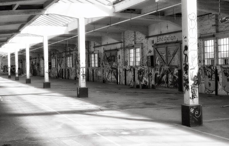 Abandoned Warehouse Interior — Black, Desolate, Afternoon